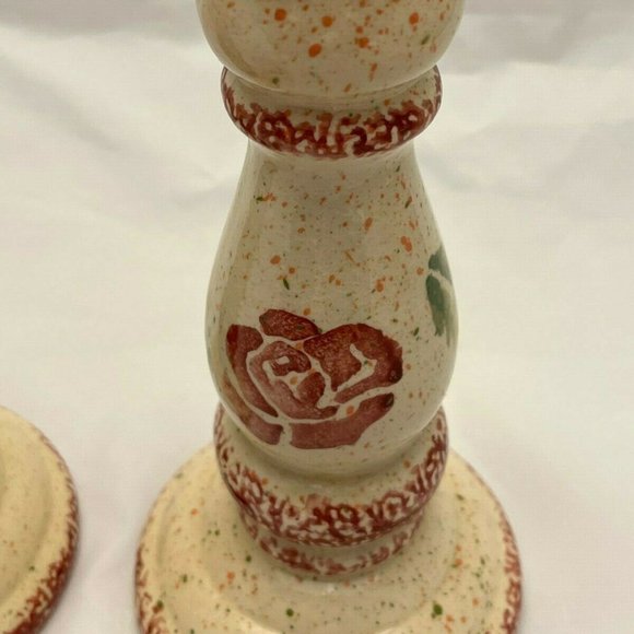 Primitive Spongeware Pink Rose Candlesticks, Set of 2, Farmhouse Cottagecore EUC - Picture 4 of 5